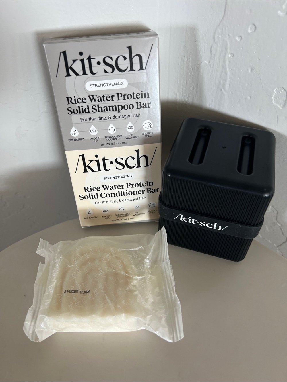 Kitsch Rice Water Protein Solid Conditioner Bar and travel container-